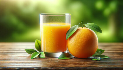 Fototapeta premium Close-up of a glass of orange juice with dew drops on the outside, next to a whole orange with leaves attached on a natural wood surface. The background is soft greenery, emphasizing the freshness and