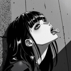 bored girl leaning against wall, black and white comic illustration