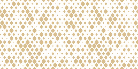 Golden vector seamless pattern with small curved shapes, drops, dots. Luxury modern white and gold background with halftone effect, randomly scattered shapes. Simple elegant texture. Trendy geo design