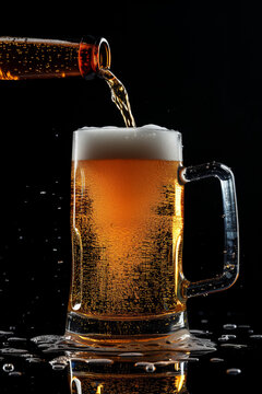 Beer being poured into a glass on a dark background