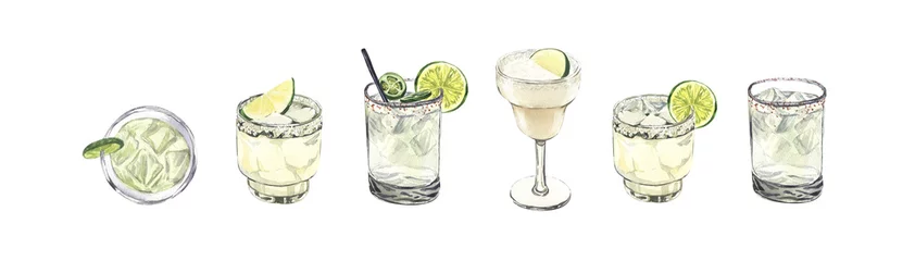 Fotobehang Summer cocktail set, spicy lime margarita in a short and tall glass and pepper jalapeno. Watercolor hand-drawn illustration isolated on white background. Perfect for recipe alcoholic lists with drinks © Arsenova