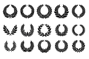 Laurel wreath of branches and leaves, black silhouette on a transparent background for stencil, vector drawing set.