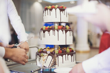 Bride and groom are cutting wedding cake. White wedding cake with flowers and stawberries on the...