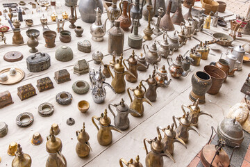 Traditional brass and brass coffee and tea pots at the Souq Al-Zal.