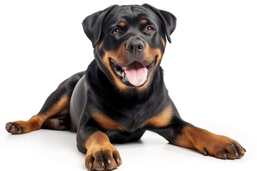 Joyful Rottweiler: Happy, Cute, and Relaxed Pet Laying on Front Legs White Background