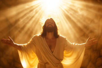 Jesus Christ Lives on Resurrection Sunday, image of the Messiah with arms raised and a divine light...