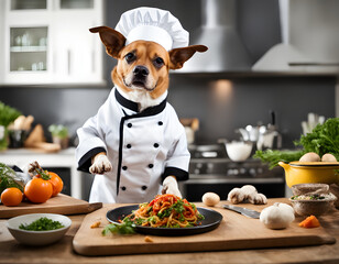 A dog dressed as a chef, cooking in a gourmet kitchen.
