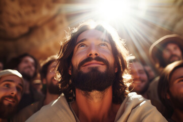 Obraz premium Resurrected Jesus Surrounded by His Apostles, Joyful Group under Celestial Light on Resurrection Sunday