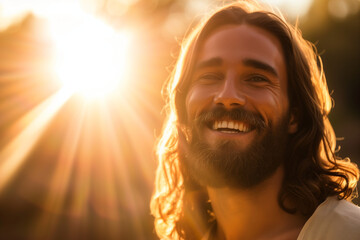 Portrait of Jesus Christ After His Resurrection on Easter Sunday, Joyful Messiah with a Sunset...