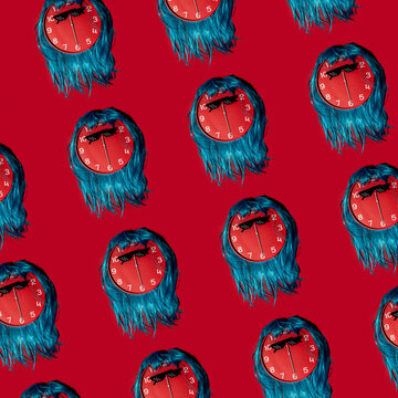 Surreal clock faces with hair on red background