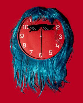 Surreal clock with blue hair and pixelated sunglasses