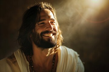 Portrait of Jesus Christ After His Resurrection on Easter Sunday, Copy Space of the Messiah Inside a Cave under Celestial Light, Sporting a Joyful Smile