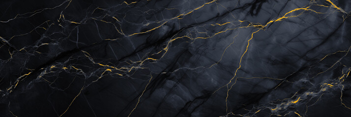 Wide panoramic surface of black marble abstract stone texture with gold veins dark-gray tone. For banner, background design