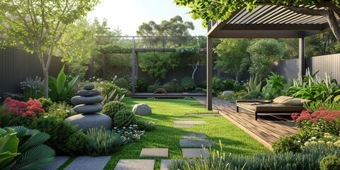 Backyard garden with patio, furniture, and excellent landscaping design
