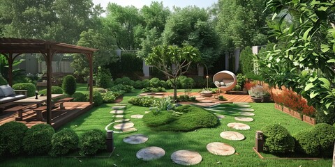 Backyard garden with patio, furniture, and excellent landscaping design