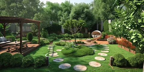 Papier Peint photo Lavable Couleur pistache Backyard garden with patio, furniture, and excellent landscaping design