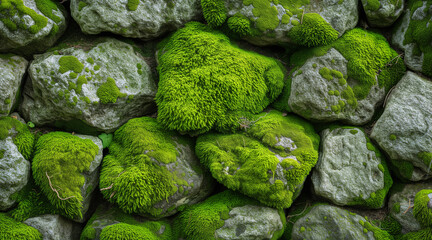 Moss-covered stones close-up texture background