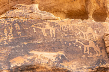 Ancient petroglyph of a camel at the Jubbah rock art site at Ob Sinman Mountain.