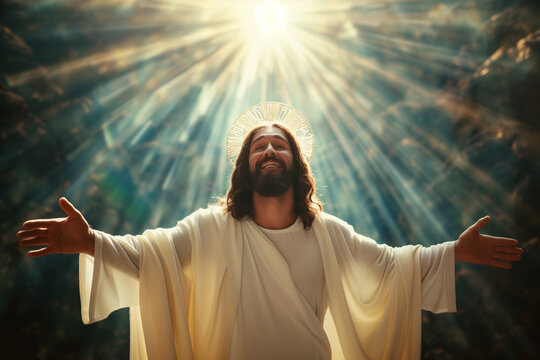 Jesus Christ lives on Resurrection Sunday, image of the Messiah with open arms and bathed in celestial light