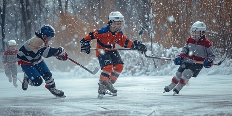 Group of children playing hockey outdoors. Happy and healthy competition with young kids in their youth playing sports.