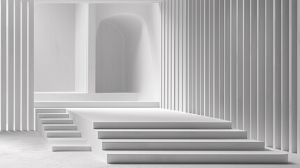 A white staircase with a light coming from it in an empty room, AI
