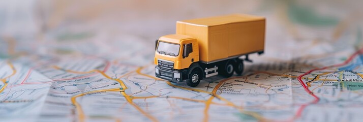 Moving truck driving on a map - toy concept for relocation and navigating life changes with GPS and mapping.