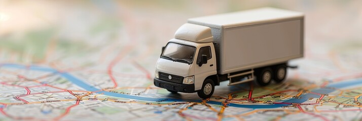 Moving truck driving on a map - toy concept for relocation and navigating life changes with GPS and mapping.