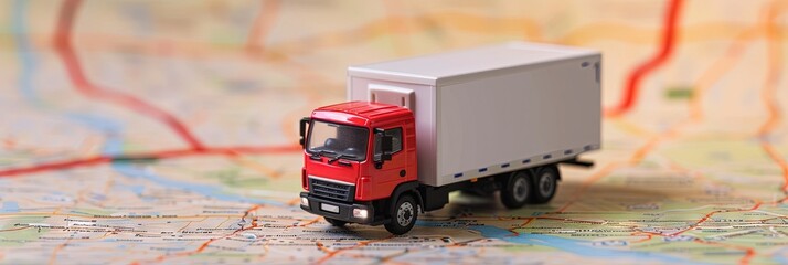 Moving truck driving on a map - toy concept for relocation and navigating life changes with GPS and mapping.