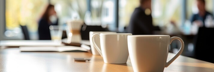 Mugs of coffee or tea in a business setting with executives in the blurred background for office concept - obrazy, fototapety, plakaty