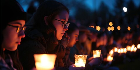 Candlelight vigil with women lighting candles to support and memorialize the recently deceased. Grieving society concept  - obrazy, fototapety, plakaty