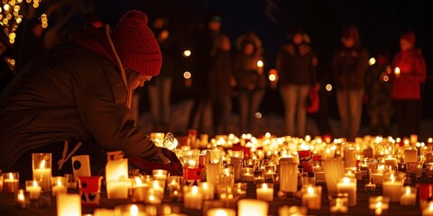 Candlelight vigil with women lighting candles to support and memorialize the recently deceased. Grieving society concept 