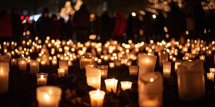Candlelight vigil with women lighting candles to support and memorialize the recently deceased. Grieving society concept 
