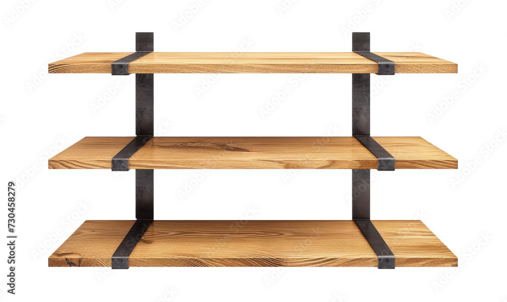 Wall mural Sturdy wooden shelves with metal supports, industrial design.