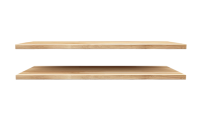 Minimalist floating wooden shelves on a clean white wall.