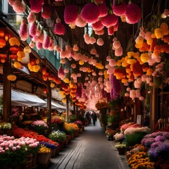 A flower market alley adorned with colorful blossoms and hanging lights -