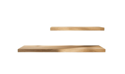 Minimalist floating wooden shelves on a clean white wall.