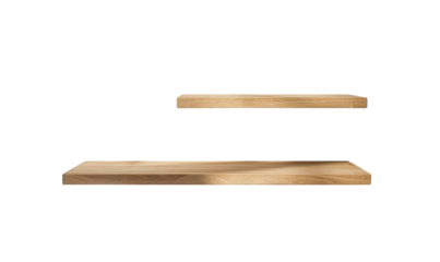 Minimalist floating wooden shelves on a clean white wall.