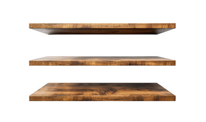 Minimalist floating wooden shelves on a clean white wall.