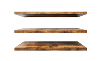 Minimalist floating wooden shelves on a clean white wall.