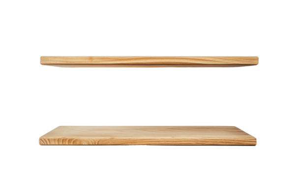 Minimalist floating wooden shelves on a clean white wall.