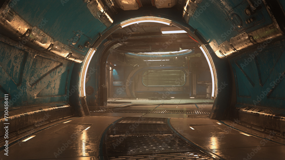 Poster illuminated arch tunnel entrance in a futuristic cyberpunk underground complex. 3d render.