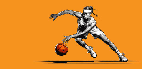 Illustration en vecteur : joueuse de basket-ball dribblant - obrazy, fototapety, plakaty