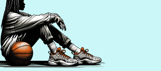 Illustration en vecteur : joueuse de basket assise par terre - obrazy, fototapety, plakaty