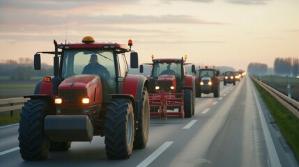 Fototapeta premium A convoy of tractors with activated lights participating in a rally on a busy urban road.