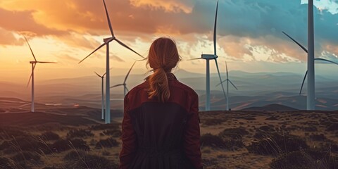 Woman overlooking wind farm with windmill turbine power generators in a hilly outdoor landscape - obrazy, fototapety, plakaty