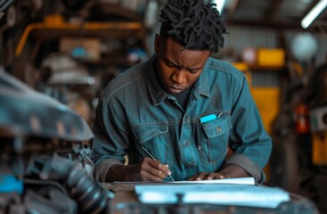 A serious mechanic in a blue work shirt diligently fills out paperwork among tools and machinery.