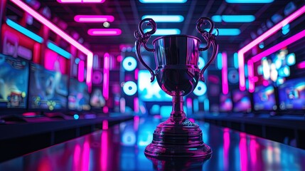 eSports trophy with rows of  computers and neon lights representing two competing rival teams