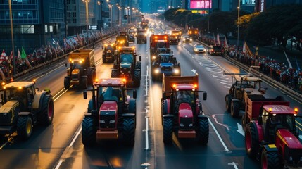 Fototapeta na wymiar A convoy of tractors with activated lights participating in a rally on a busy urban road.