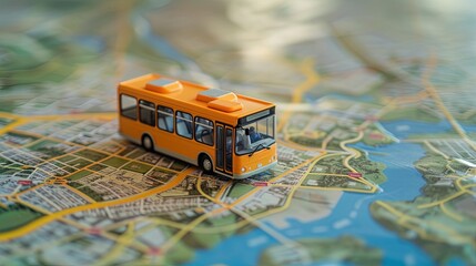 Yellow Bus traveling on map. Toy concept with GPS and mapping software for public transportation