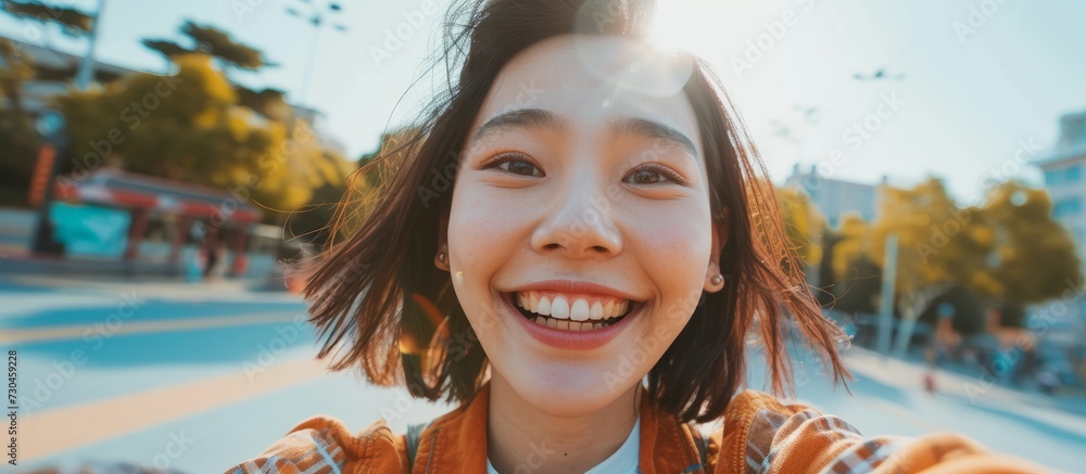 Canvas Prints Active Asian female skater taking a cheerful selfie outdoors, exuding happiness, wearing trendy attire.